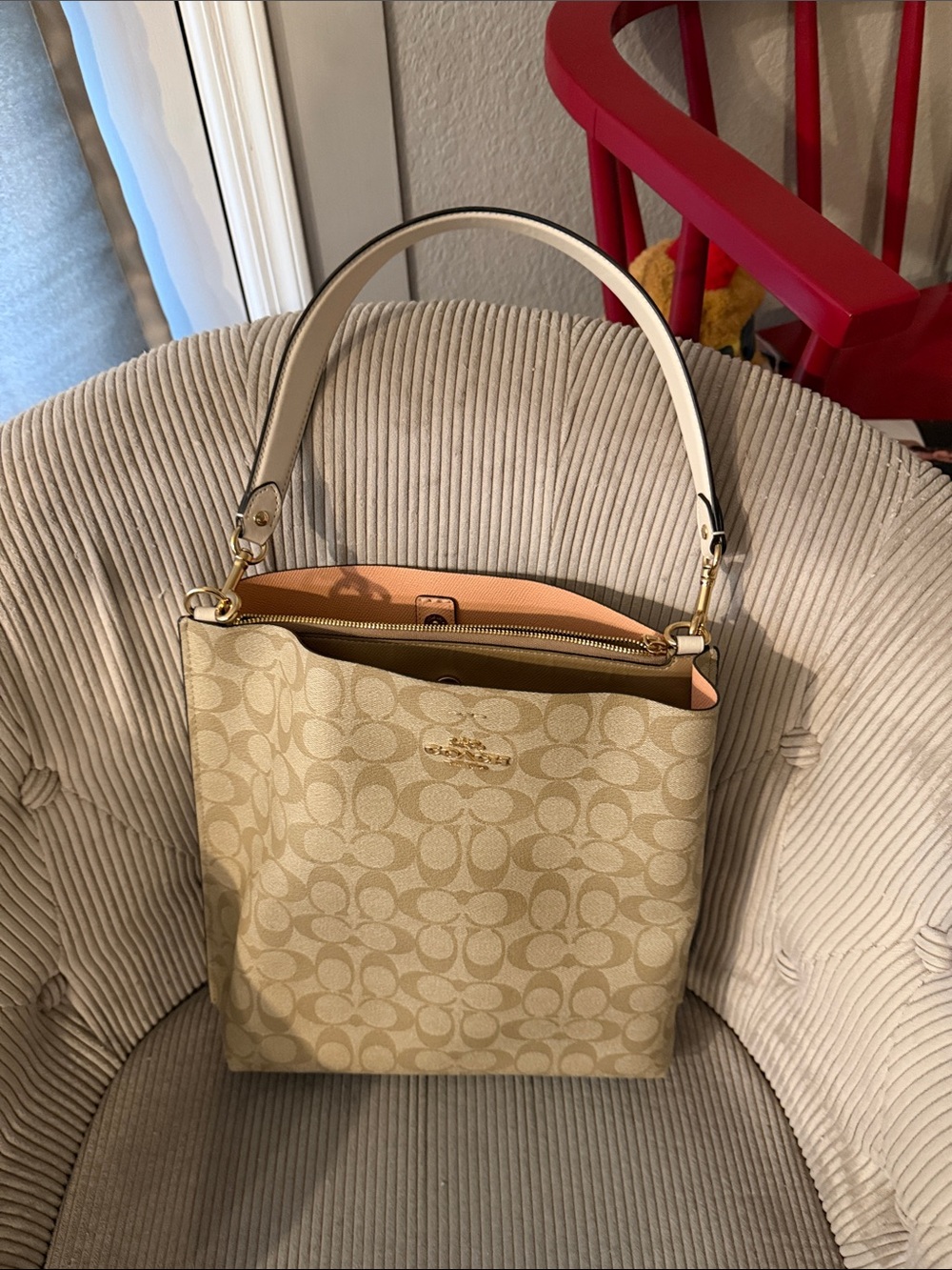 Coach Beige Signature Canvas Shoulder Bag with White Strap - Picture 6 of 6